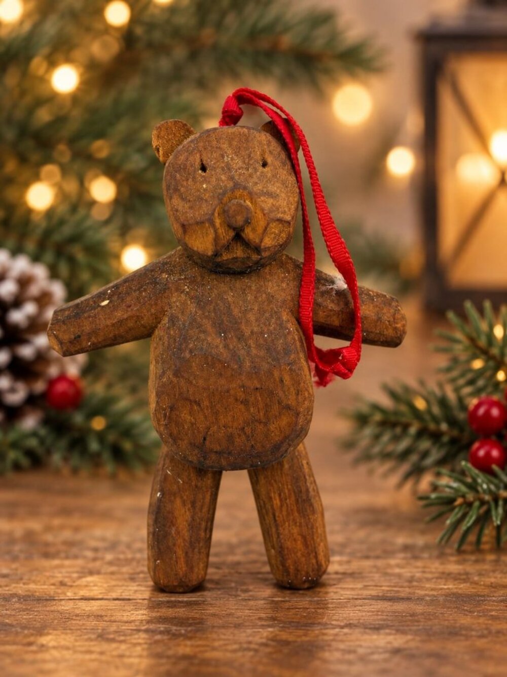 Maritz 1985 Old-Fashioned Wooden Teddy Bear Country Christmas Ornament Ribbon